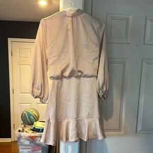 Vici Tan Sheath Dress with Bishop Sleeves and Mock Neck